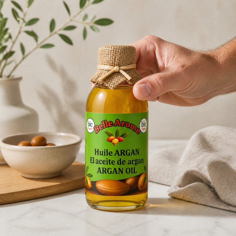 Huile d'Argan 100% Naturel du Maroc 1L – Corps & Cheveux – application en situation réelle, geste de soin quotidien