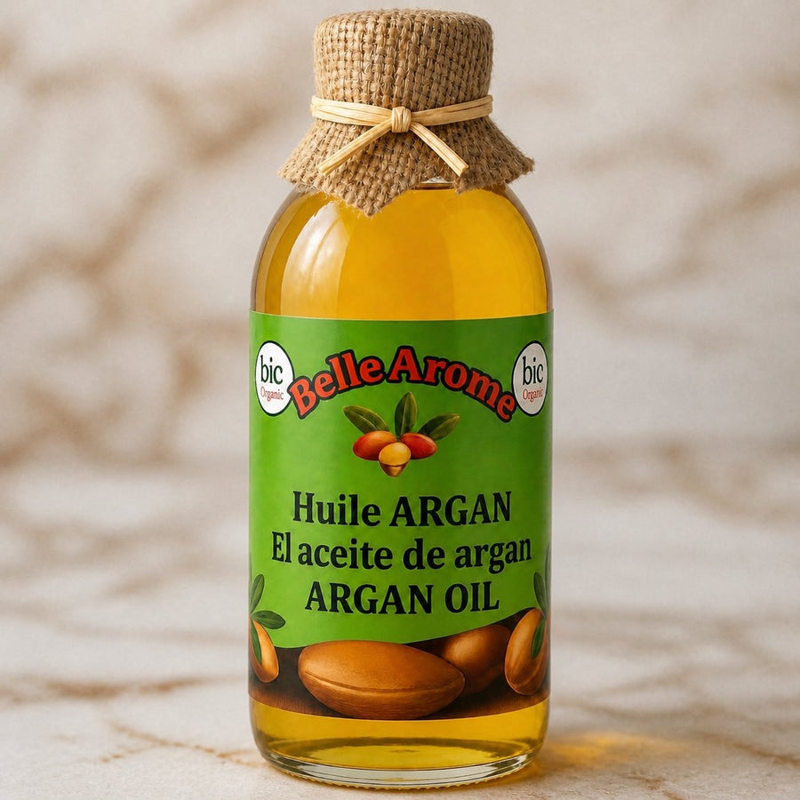 Huile d'Argan 100% Naturel du Maroc 1L – Corps & Cheveux – gros plan sur les détails et la finition du packaging