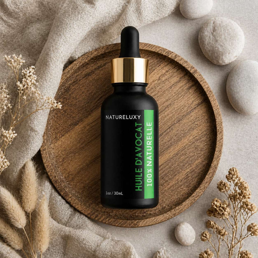 Huile végétale d'Avocat 30mL pipette 100% naturelle – composition flat lay avec éléments naturels, vue du dessus
