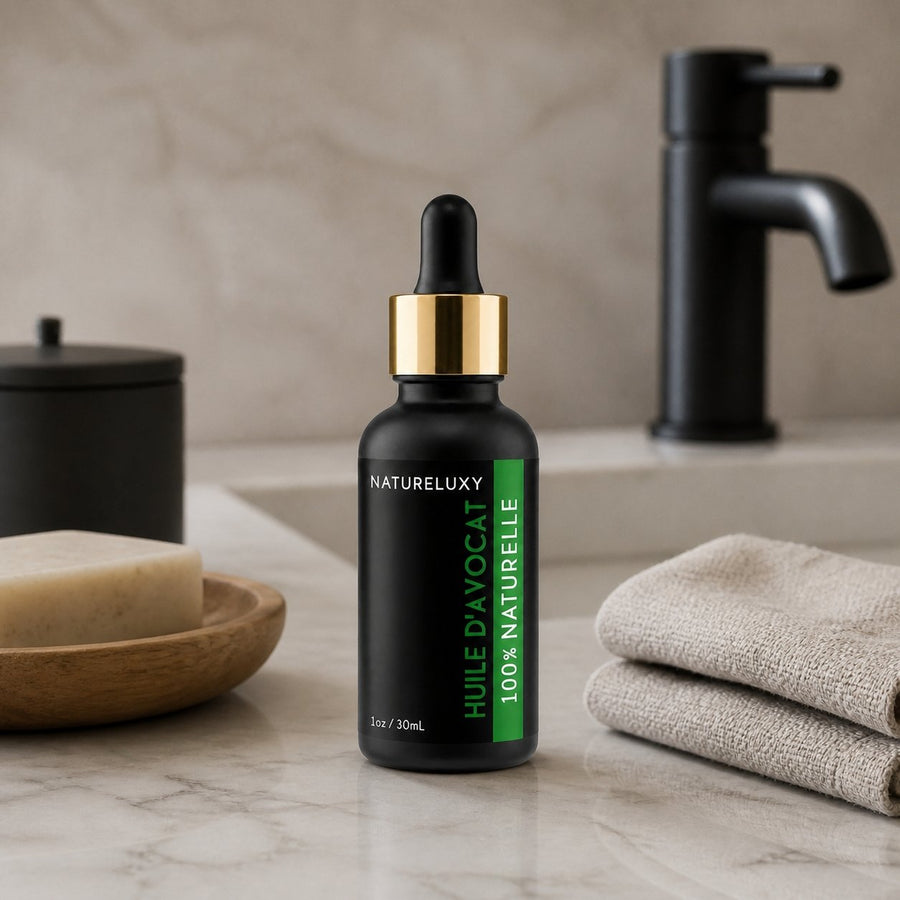 Huile végétale d'Avocat 30mL pipette 100% naturelle – présentation du produit dans une salle de bain lumineuse et naturelle