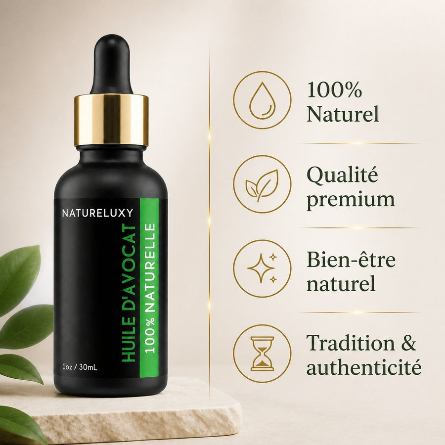 Huile végétale d'Avocat 30mL pipette 100% naturelle – infographie des bienfaits et des ingrédients clés
