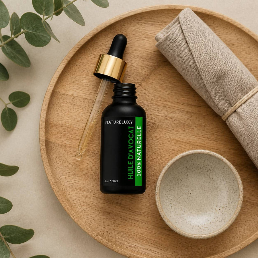 Huile végétale d'Avocat 30mL pipette 100% naturelle – rituel d'utilisation vu du dessus, ambiance naturelle zen