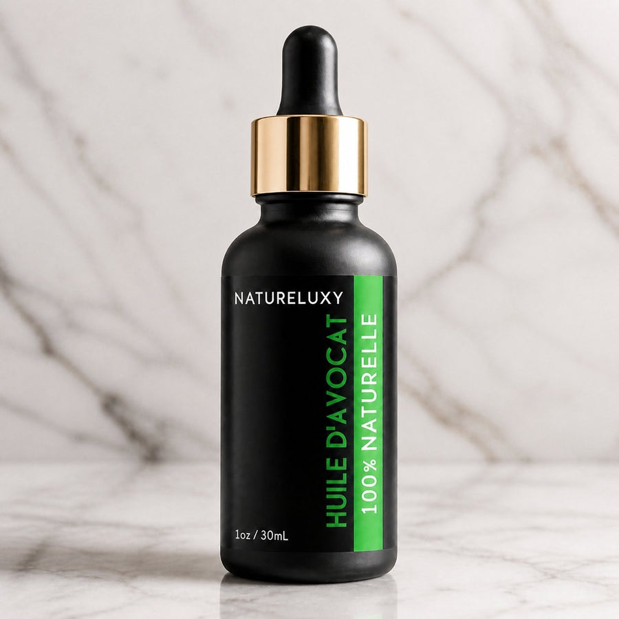 Huile végétale d'Avocat 30mL pipette 100% naturelle – gros plan sur les détails et la finition du packaging