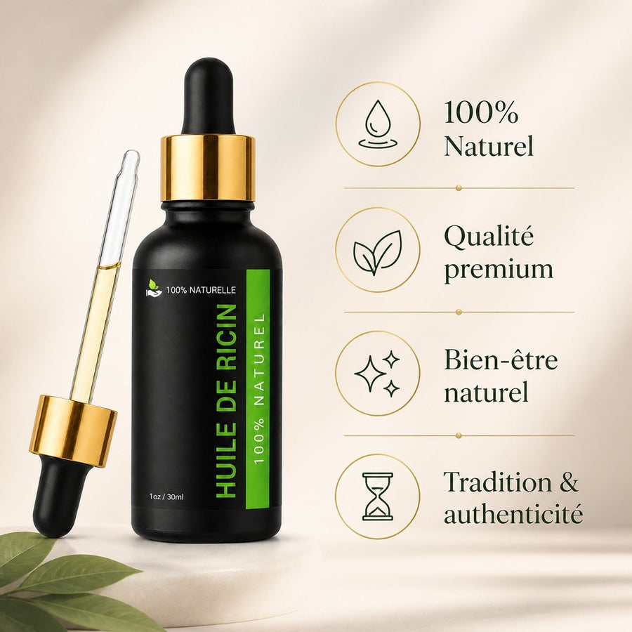 Huile de Ricin 30 ml - Pipette Cheveux Cils Ongles – infographie des bienfaits et des ingrédients clés