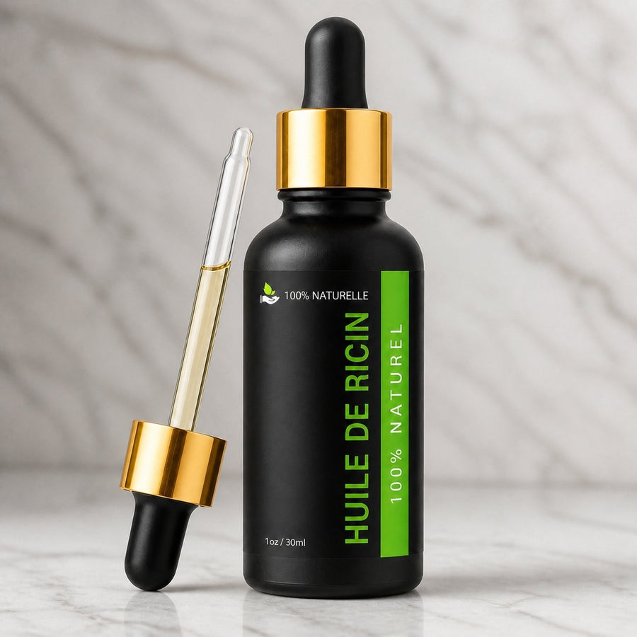 Huile de Ricin 30 ml - Pipette Cheveux Cils Ongles – gros plan sur les détails et la finition du packaging