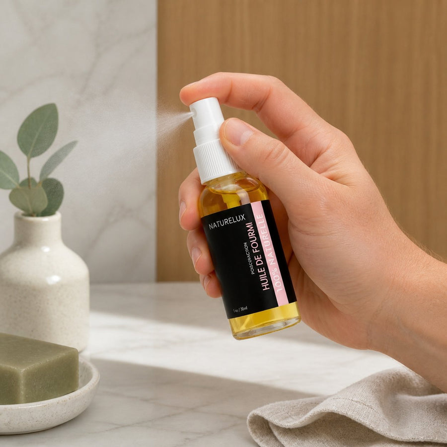 Huile de Fourmi Natureluxy Spray 30 mL – Soin Post‑Épilation – application en situation réelle, geste de soin quotidien