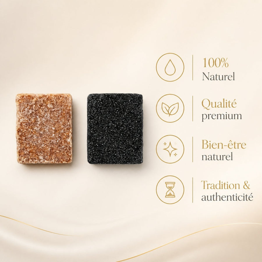 Lot de 2 carrés de musc ambré et noir – parfum solide – infographie des bienfaits et des ingrédients clés
