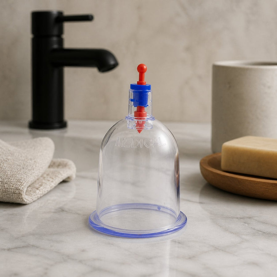 Lot de 100 Ventouses 7cm - Thérapie Set pour Secs et Humide – présentation du produit dans une salle de bain lumineuse et naturelle