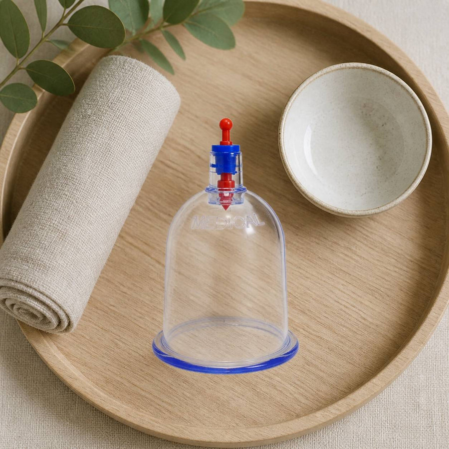 Lot de 100 Ventouses 7cm - Thérapie Set pour Secs et Humide – rituel d'utilisation vu du dessus, ambiance naturelle zen