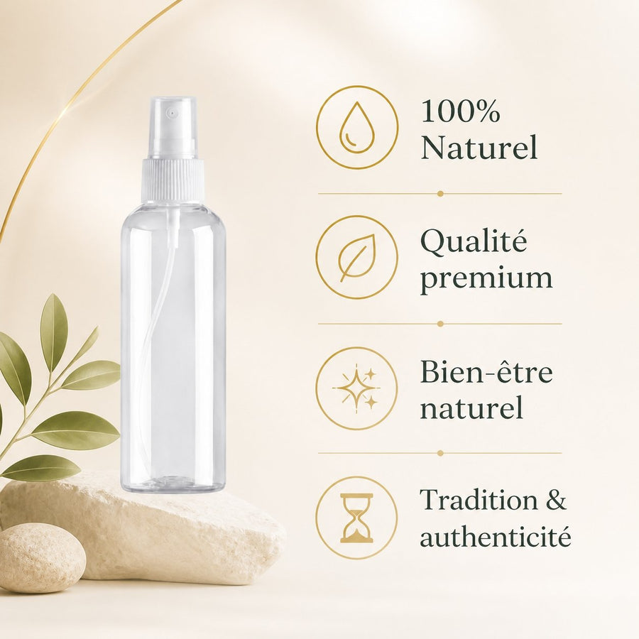 Lot de 12 Flacons Vaporisateur 100ml Vide Sac Atomiseur de Poche Spray Plastique – infographie des bienfaits et des ingrédients clés