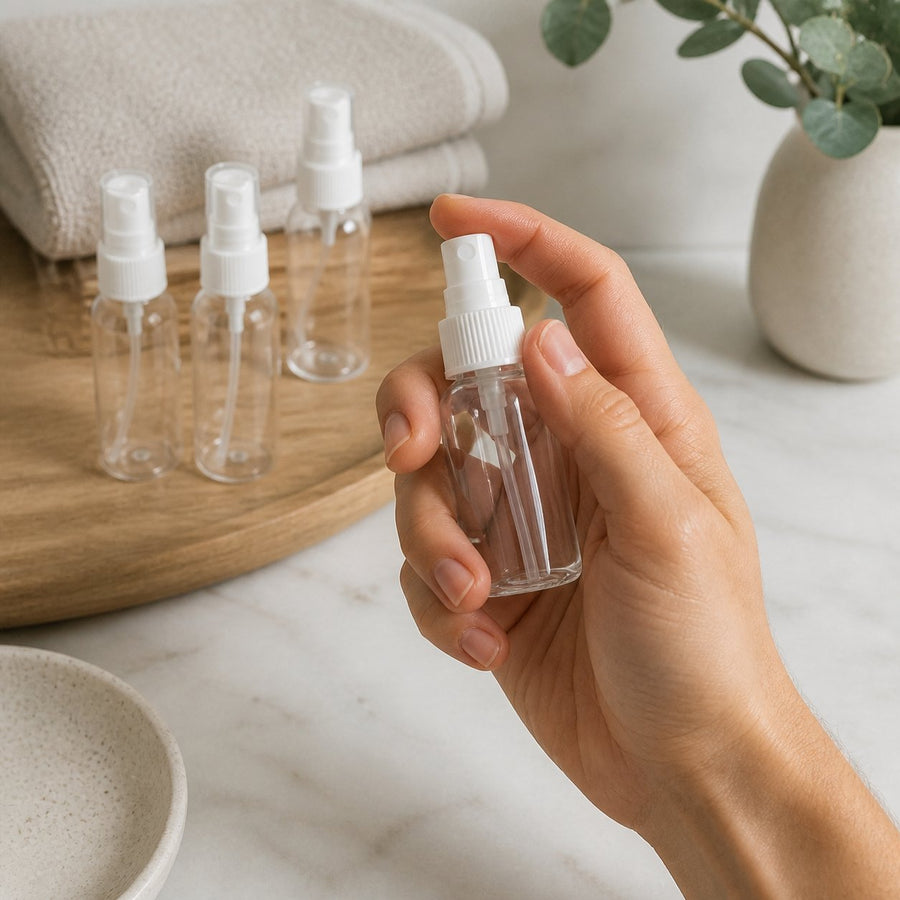 12 Flacons Vaporisateur 30ml Vide Sac Atomiseur de Poche Spray Plastique – application en situation réelle, geste de soin quotidien