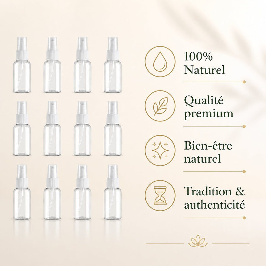 12 Flacons Vaporisateur 30ml Vide Sac Atomiseur de Poche Spray Plastique – infographie des bienfaits et des ingrédients clés