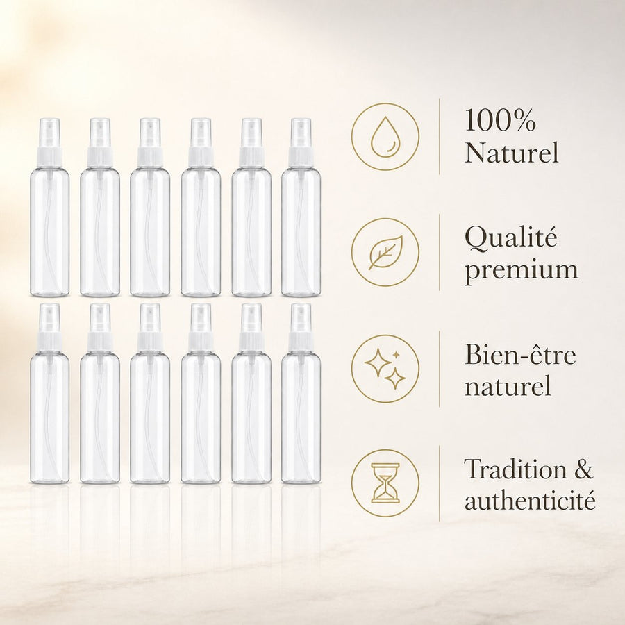 Lot de 12 Flacon Vaporisateur 60ml Vide Sac Atomiseur de Poche Spray Plastique – infographie des bienfaits et des ingrédients clés