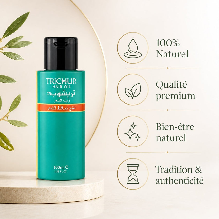Lot de 2 Huile Anti-Chute Soin Indien Trichup 100mL – infographie des bienfaits et des ingrédients clés