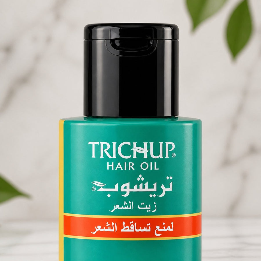 Lot de 2 Huile Anti-Chute Soin Indien Trichup 100mL – gros plan sur les détails et la finition du packaging