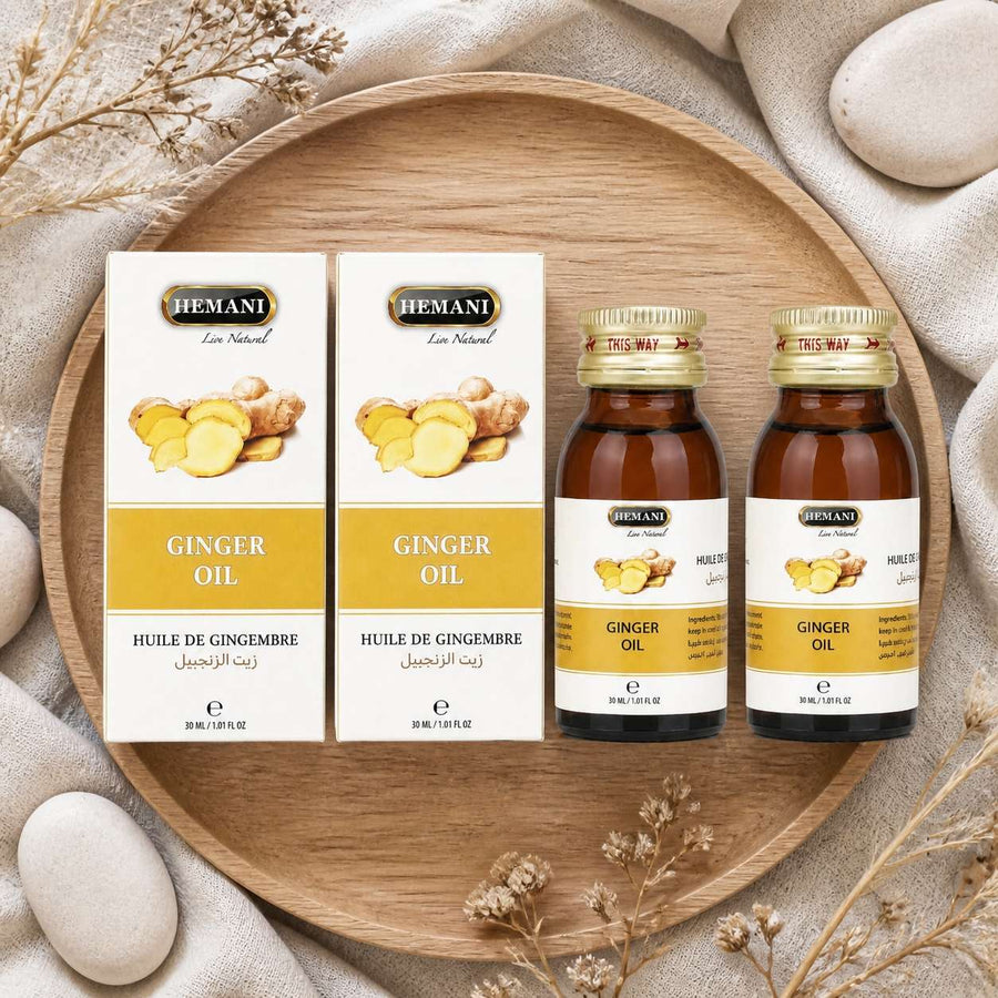 Lot de 2 Huile de Gingembre 30mL 100% Naturelle Hemani – composition flat lay avec éléments naturels, vue du dessus