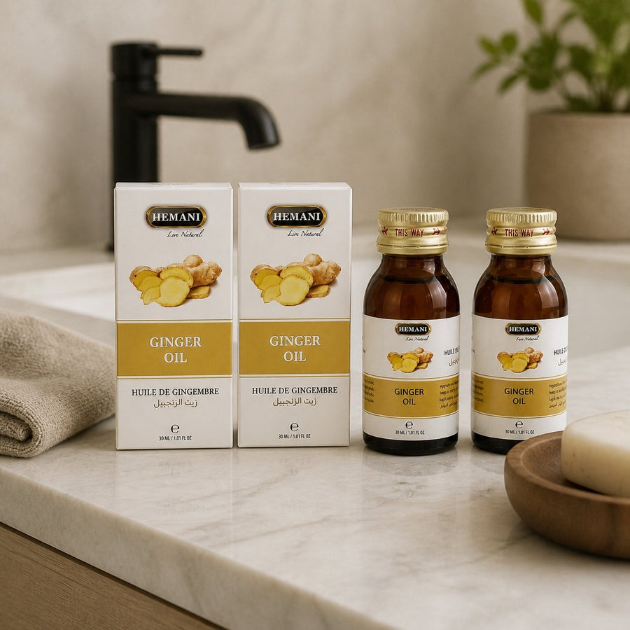 Lot de 2 Huile de Gingembre 30mL 100% Naturelle Hemani – présentation du produit dans une salle de bain lumineuse et naturelle
