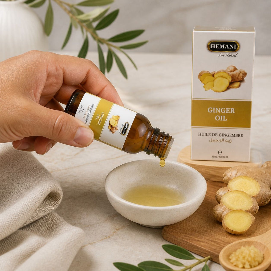 Lot de 2 Huile de Gingembre 30mL 100% Naturelle Hemani – application en situation réelle, geste de soin quotidien