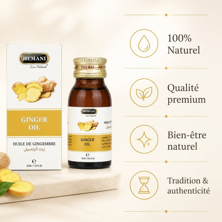 Lot de 2 Huile de Gingembre 30mL 100% Naturelle Hemani – infographie des bienfaits et des ingrédients clés