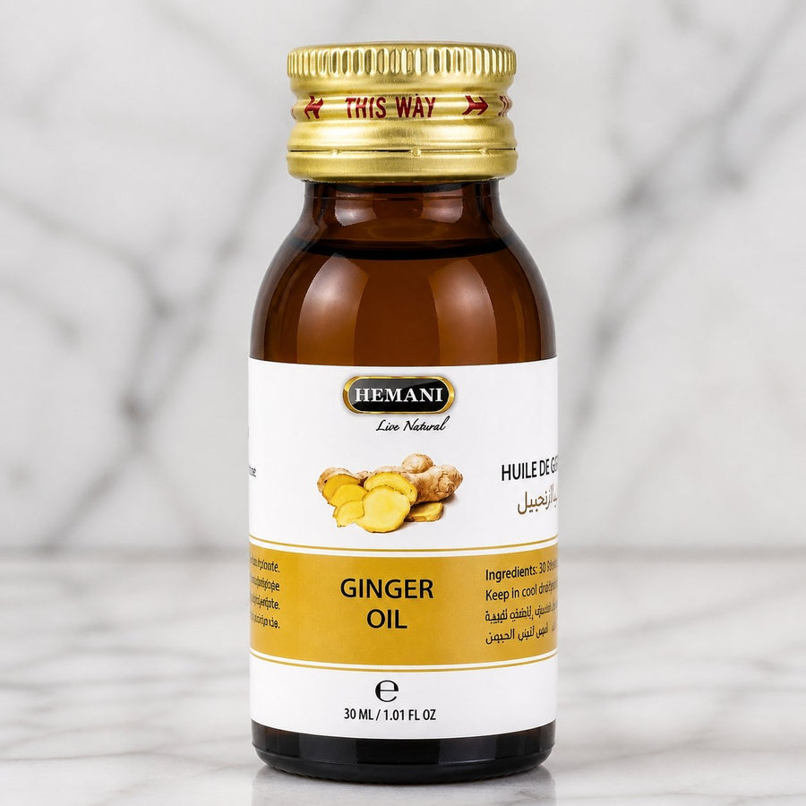 Lot de 2 Huile de Gingembre 30mL 100% Naturelle Hemani – gros plan sur les détails et la finition du packaging