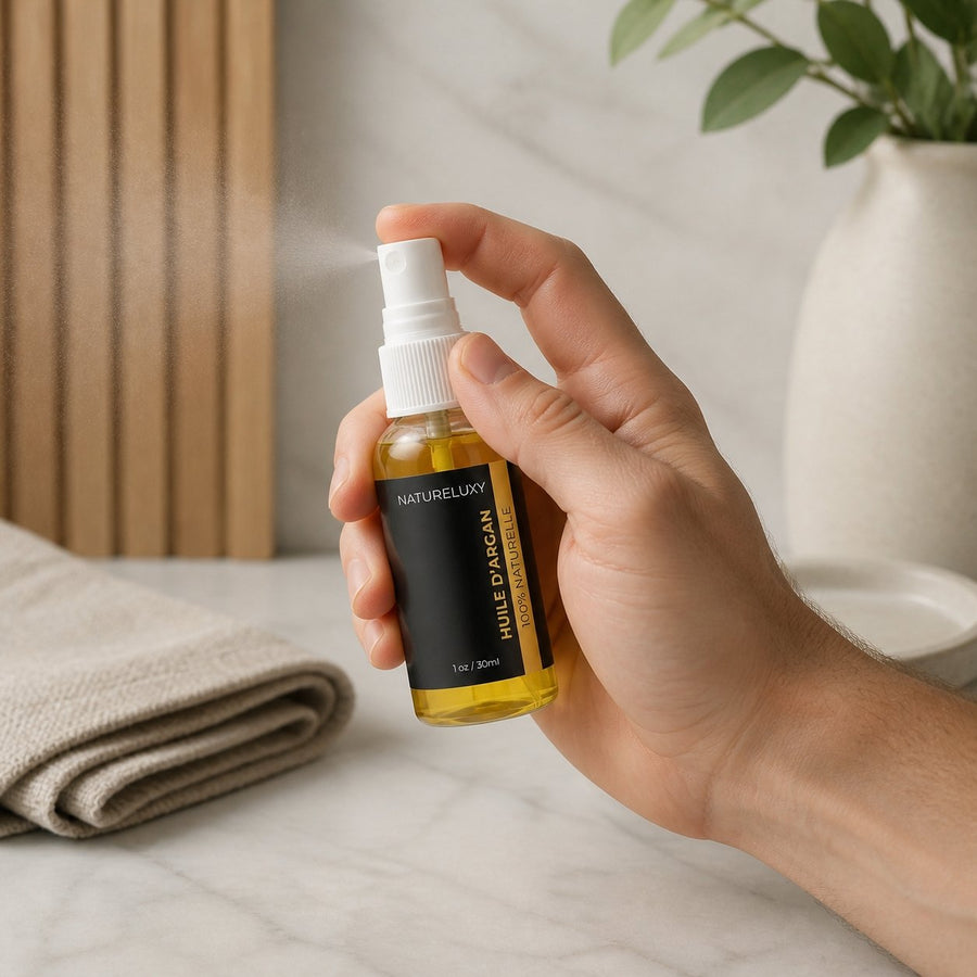 Lot 2× Huile d’Argan 30 ml Spray – Soin visage, corps & cheveux (Origine Maroc) – application en situation réelle, geste de soin quotidien