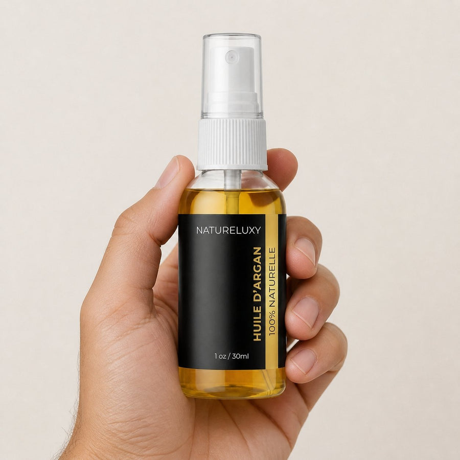 Lot 2× Huile d’Argan 30 ml Spray – Soin visage, corps & cheveux (Origine Maroc) – taille et contenance réelles du produit en main