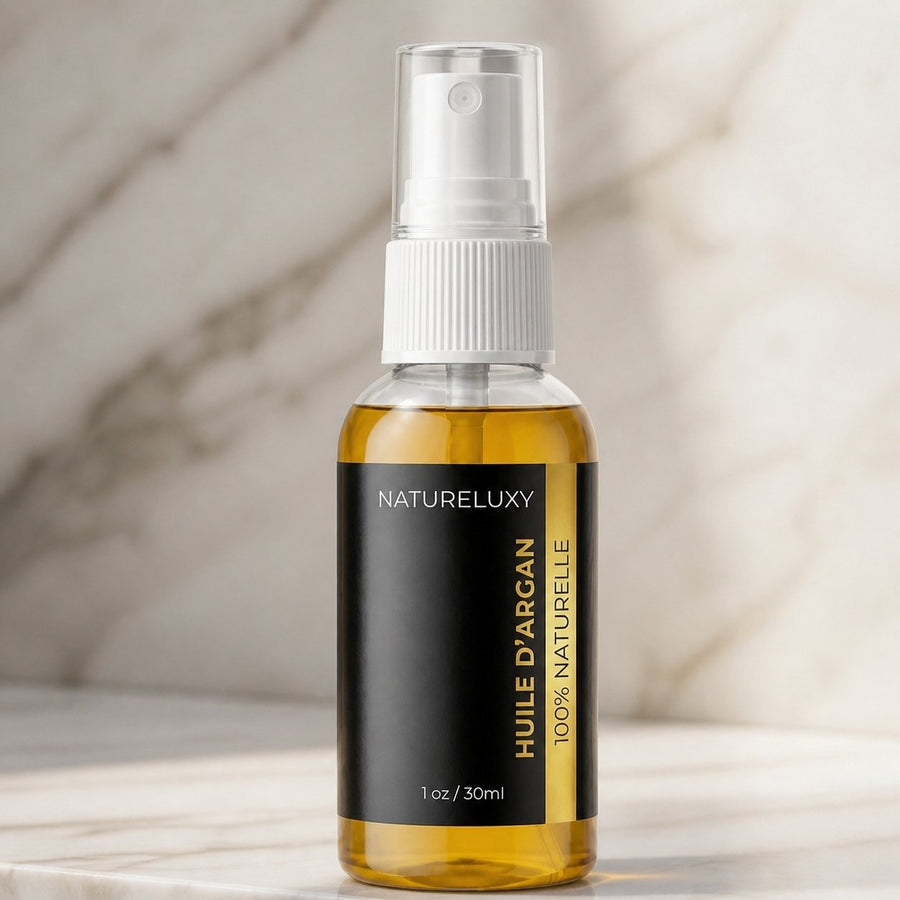 Lot 2× Huile d’Argan 30 ml Spray – Soin visage, corps & cheveux (Origine Maroc) – gros plan sur les détails et la finition du packaging