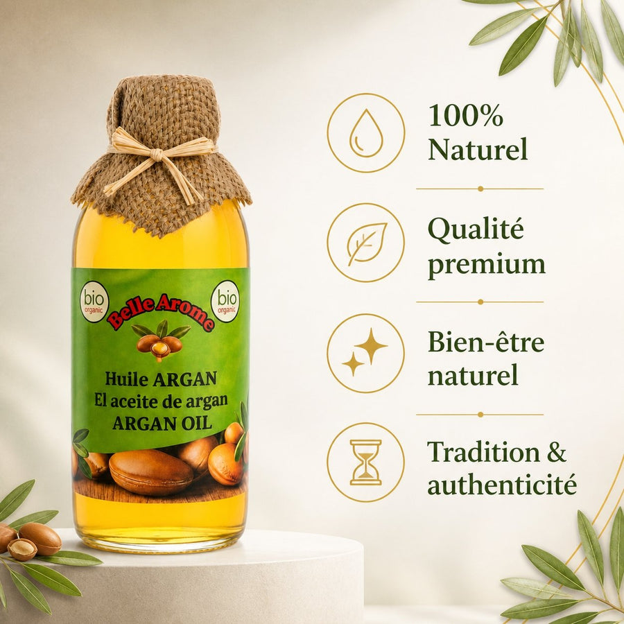 Lot de 2 Huiles Végétale d'Argan 100% naturelle et bio - 1L – infographie des bienfaits et des ingrédients clés