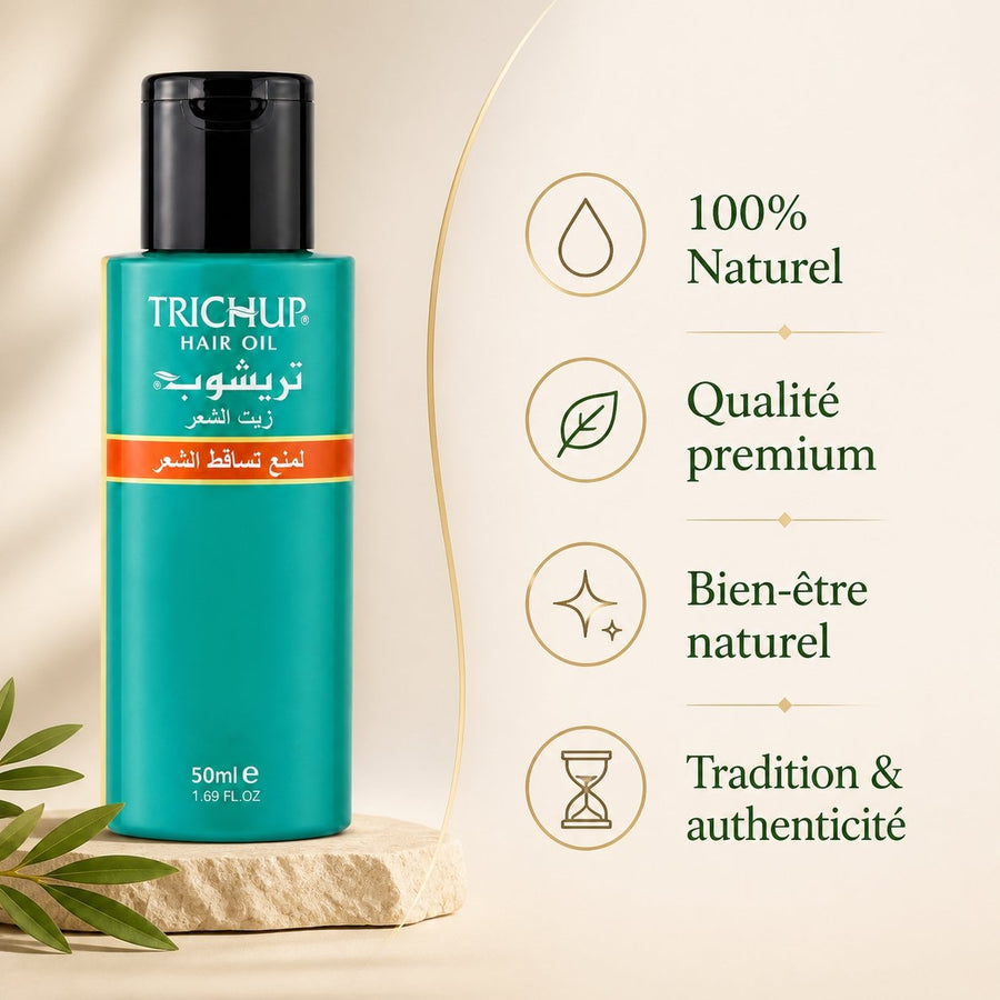 3 Huiles Anti-Chute Soin Indien Trichup 100mL – infographie des bienfaits et des ingrédients clés