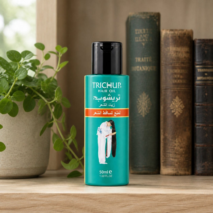 3 Huiles Anti-Chute Soin Indien  Trichup 100mL -10% – présentation sur étagère en bois