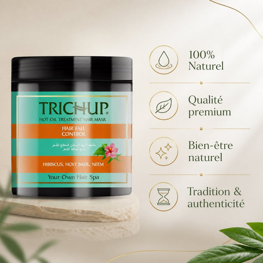 Masque Capillaire Anti-chute 500mL Trichup – infographie des bienfaits et des ingrédients clés