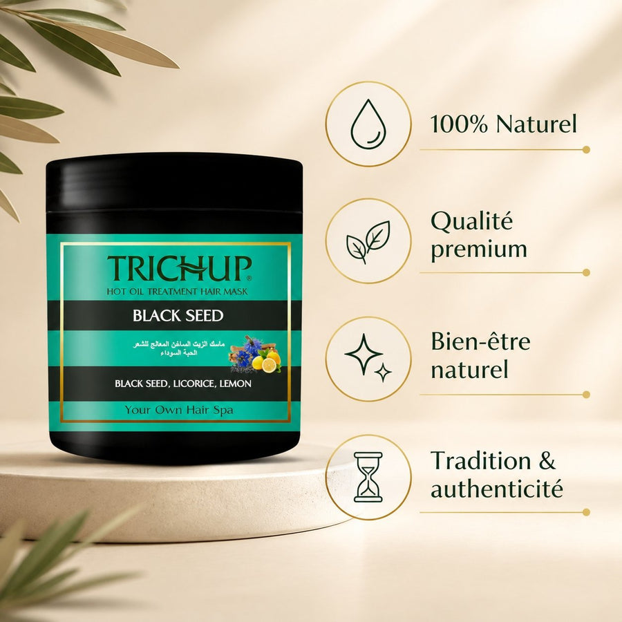 Masque capillaire Nigelle & Citron & Réglisse Trichup - 500mL – infographie des bienfaits et des ingrédients clés