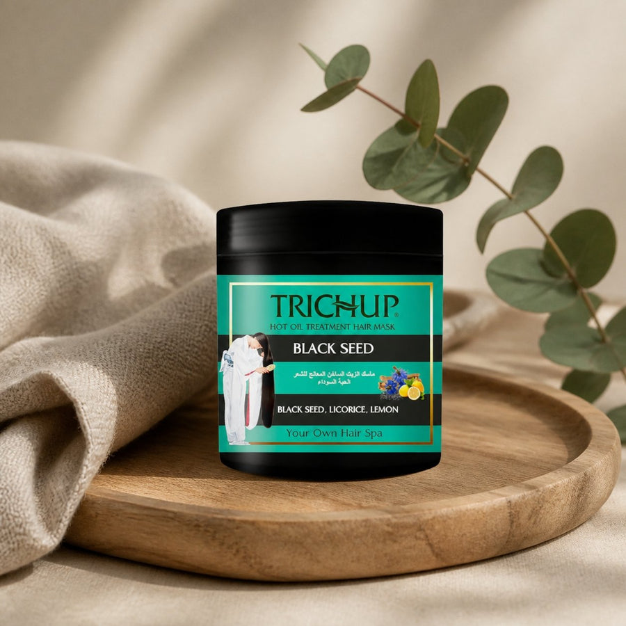 Masque capillaire Nigelle & Citron & Réglisse Trichup - 500mL – composition sur plateau en bois