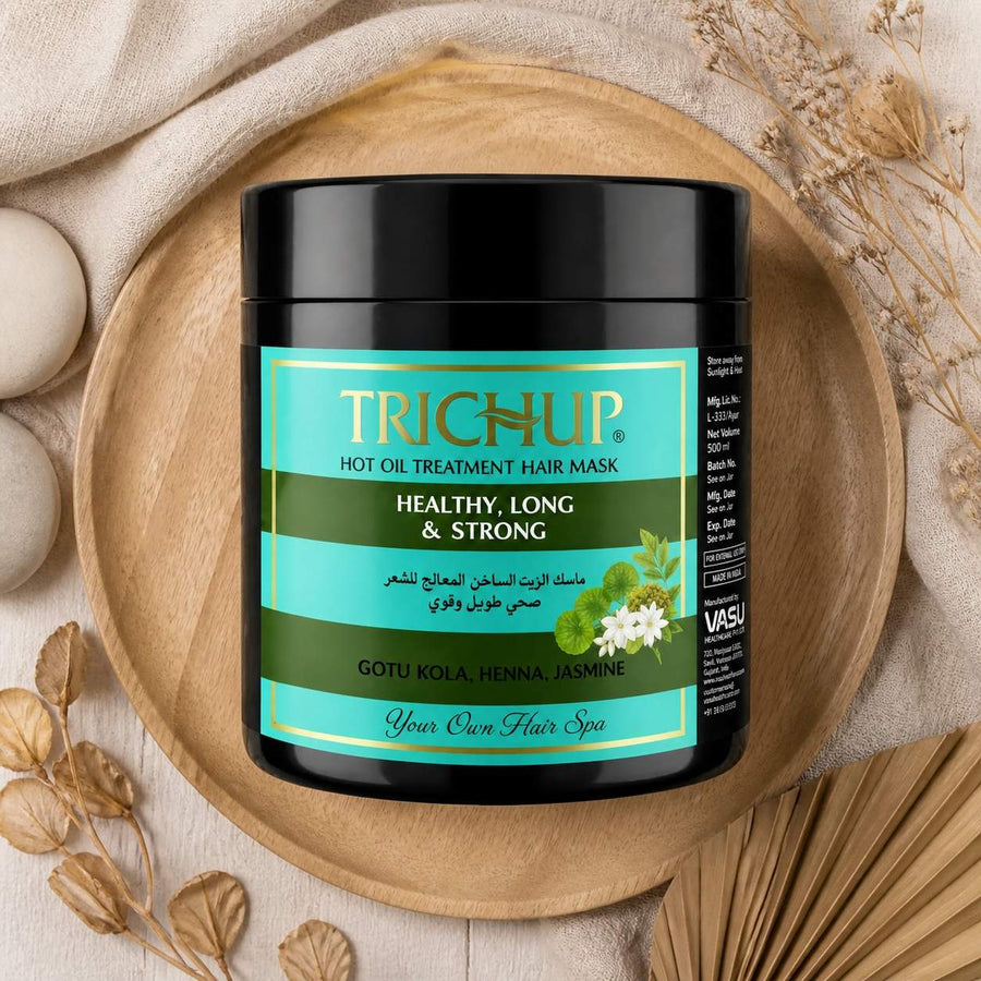 Trichup Masque Capillaire Henné Jasmin 500 mL – composition flat lay avec éléments naturels, vue du dessus