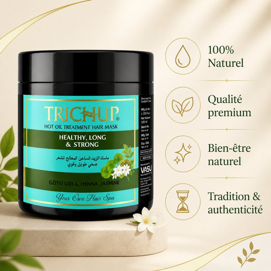Trichup Masque Capillaire Henné Jasmin 500 mL – infographie des bienfaits et des ingrédients clés