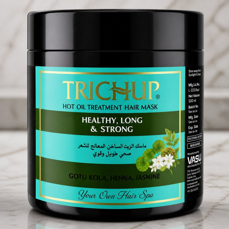 Trichup Masque Capillaire Henné Jasmin 500 mL – gros plan sur les détails et la finition du packaging