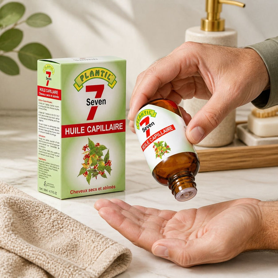Mélange de 7 Huiles pour cheveux secs et abimés Plantil 125ml – application en situation réelle, geste de soin quotidien