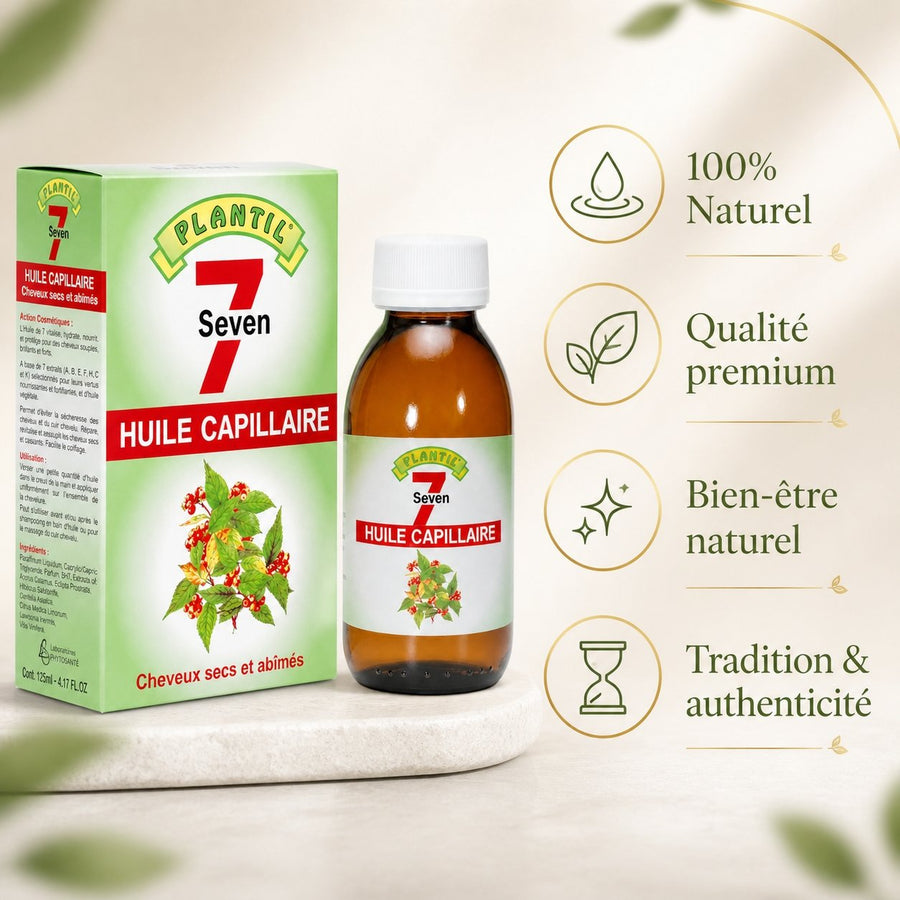 Mélange de 7 Huiles pour cheveux secs et abimés Plantil 125ml – infographie des bienfaits et des ingrédients clés