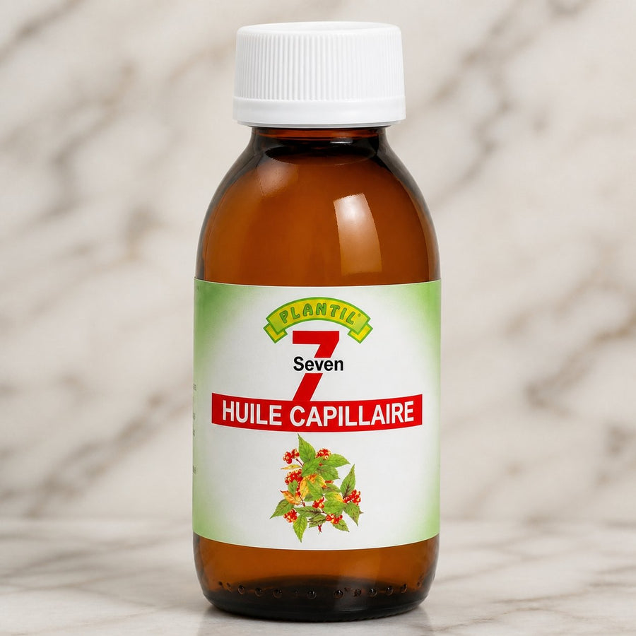 Mélange de 7 Huiles pour cheveux secs et abimés Plantil 125ml – gros plan sur les détails et la finition du packaging