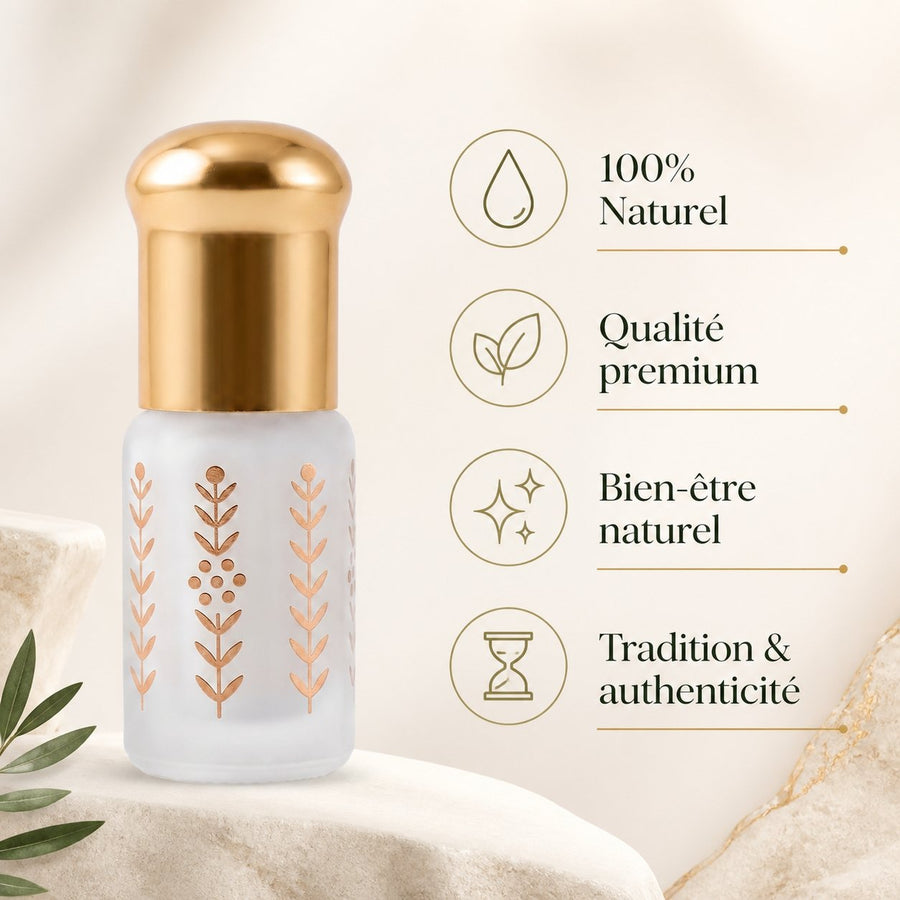 Musc Tahara Ambre 3 mL - Musc Blanc Parfumé – infographie des bienfaits et des ingrédients clés