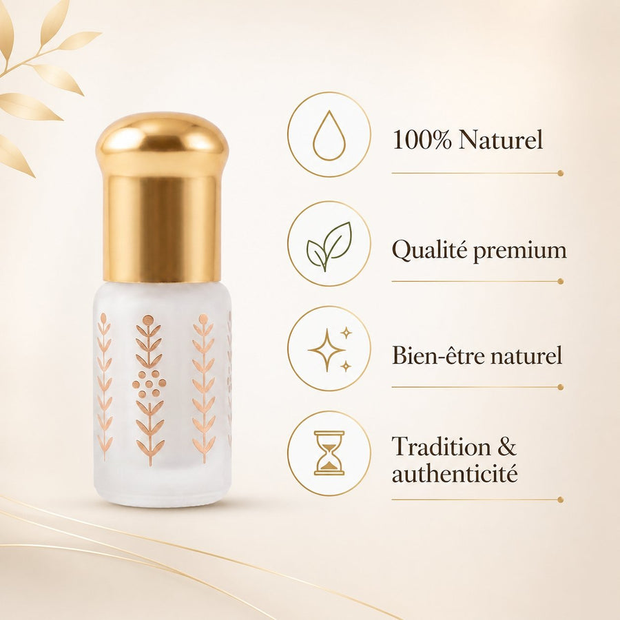 Musc Tahara Mangue 3 mL - Musc Blanc Parfumé – infographie des bienfaits et des ingrédients clés