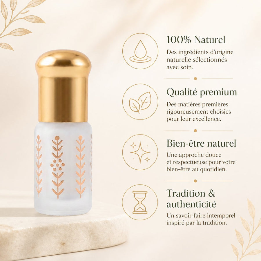 Musc Tahara Oud 3 mL - Musc Blanc Parfumé – infographie des bienfaits et des ingrédients clés