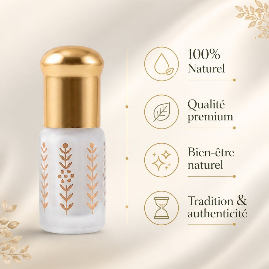 Musc Tahara Pastèque 3 mL - Musc Blanc Parfumé – infographie des bienfaits et des ingrédients clés