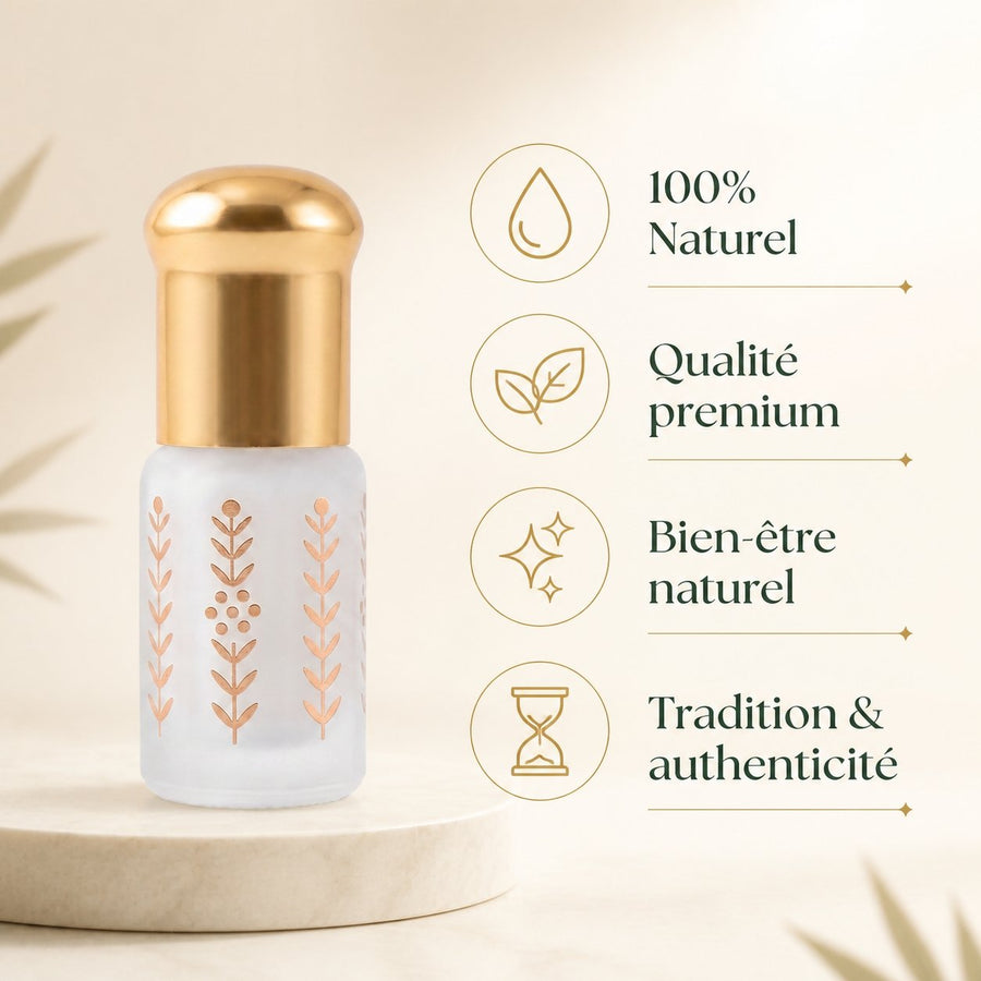 Musc Tahara Pêche 3 mL - Musc Blanc Parfumé – infographie des bienfaits et des ingrédients clés