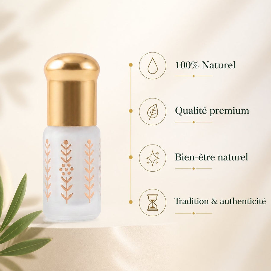 Musc Tahara Thé Vert 3 mL - Musc Blanc Parfumé – infographie des bienfaits et des ingrédients clés