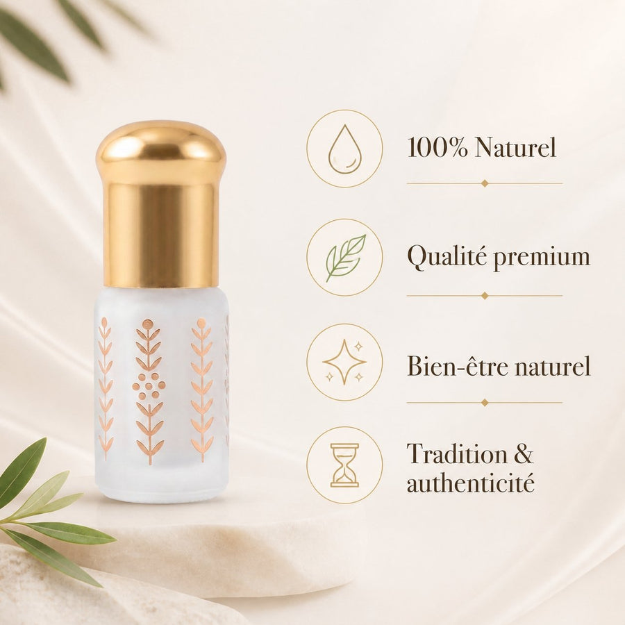 Musc Tahara Blanc 3 mL - Musc Blanc Parfumé – infographie des bienfaits et des ingrédients clés