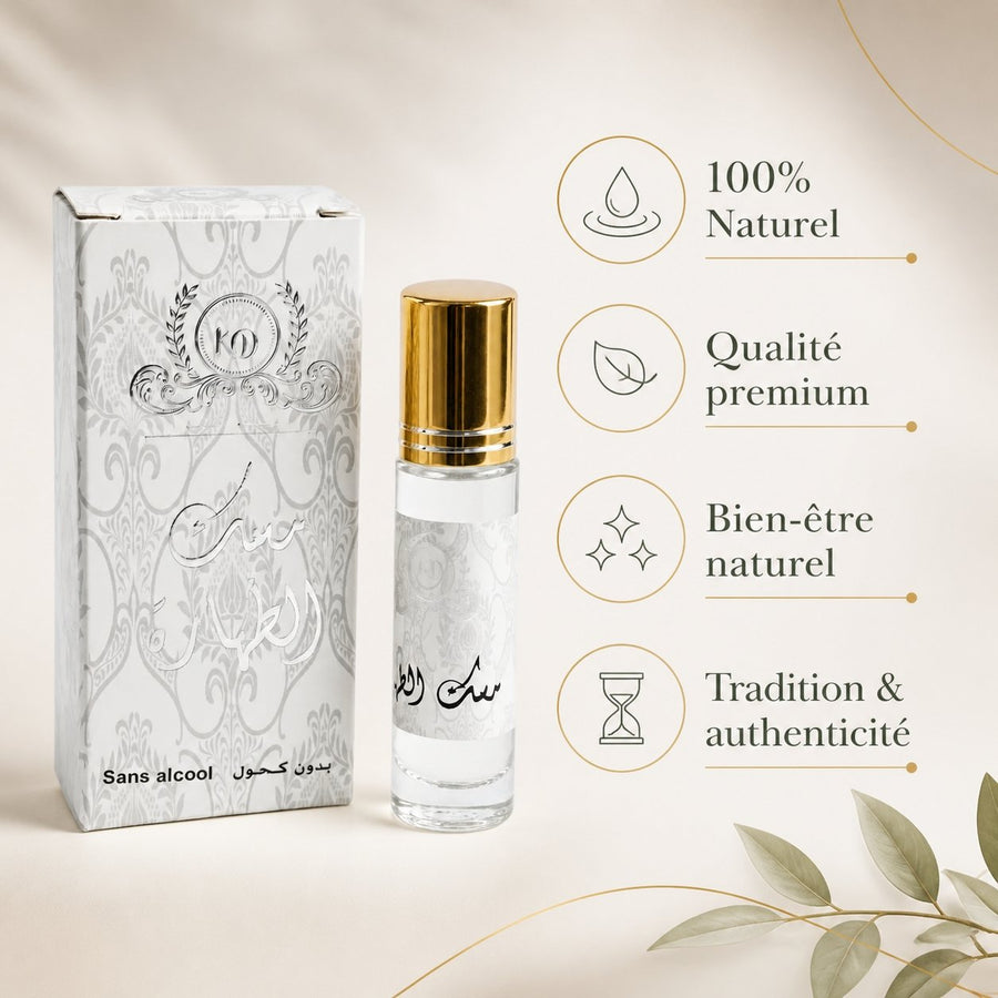 Musc Tahara Blanc à Bille 6 ml – infographie des bienfaits et des ingrédients clés
