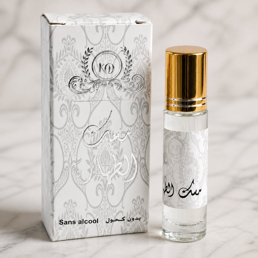 Musc Tahara Blanc à Bille 6 ml – gros plan sur les détails et la finition du packaging