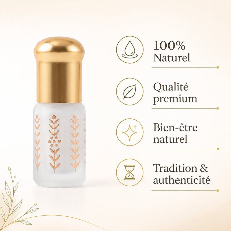 Musc Tahara Blanc Surrati 3 mL - Musc Blanc Parfumé – infographie des bienfaits et des ingrédients clés