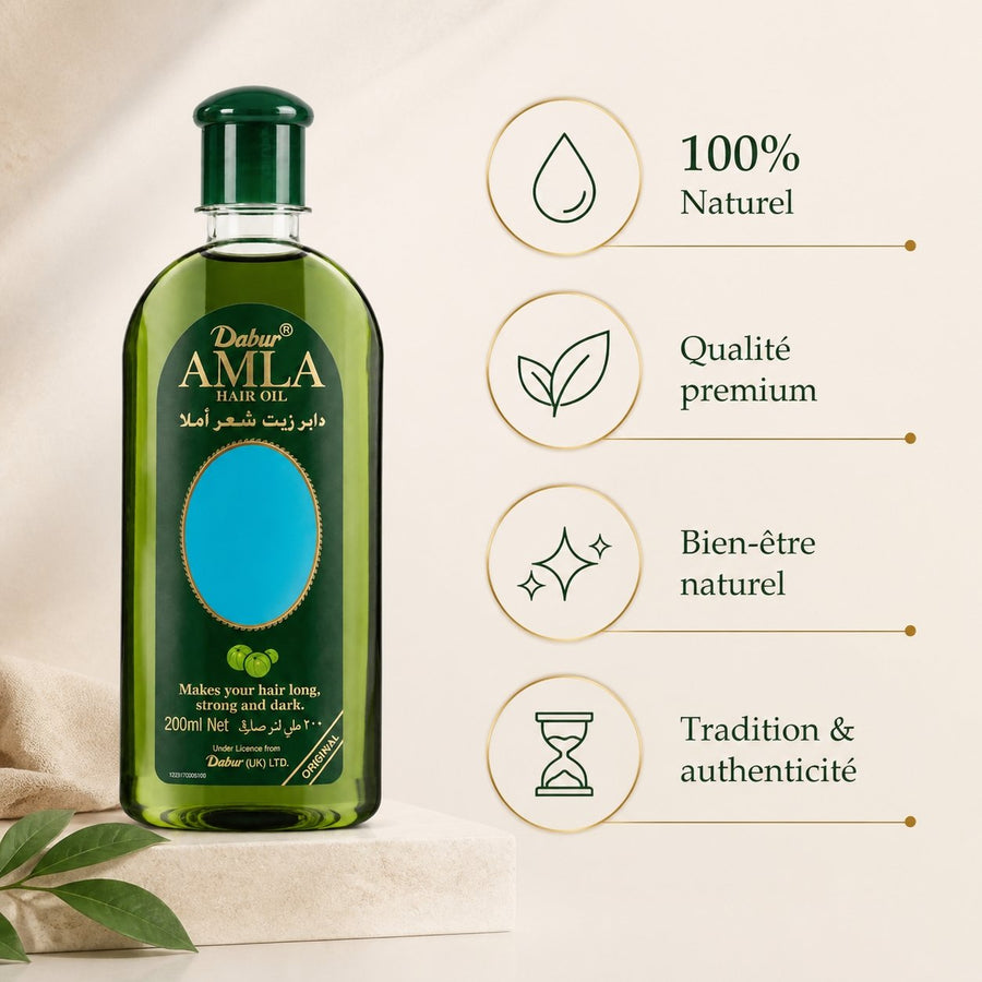 Huile capillaire Dabur Amla 200 ml - Soin cheveux – infographie des bienfaits et des ingrédients clés